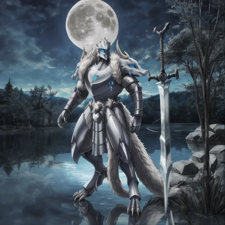 solo, at night, platinum_dragon_lord_armor, knight male dragon, horns, helmet, glowing blue eyes, tail, digitigrade feet, pose, tree, moon,  stones, road, lake, reflection, by null-ghost, by ricegnat, solo, platinum_dragon_lord_armor, 
knight male dragon, 
horns, helmet, glowing blue eyes, tail, 

melee weapon, weapon, armor, plate armor, sword, floating weapon, 
knight, clothing, helmet, detailed background, 
midair, white fur, claws, full body, dragon pauldron, front view,