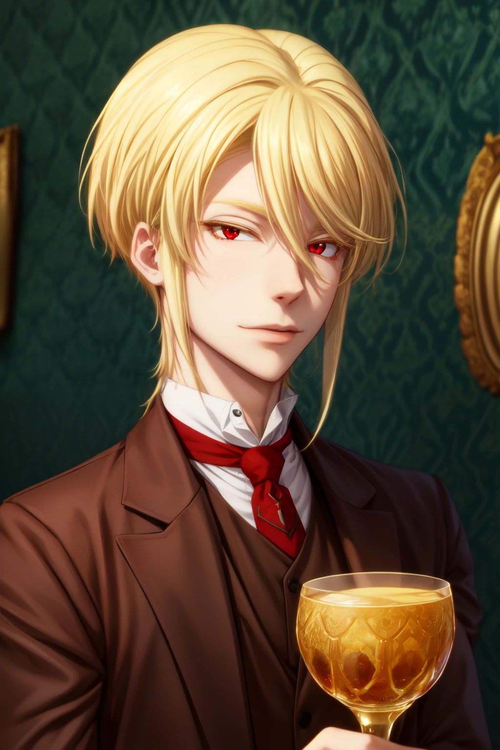 masterpiece, best quality, wallpaper, 1boy, solo, male focus, looking at viewer, upper body, , william_james_moriarty, blonde hair, red eyes, long sleeve shirt, mature, Goblet