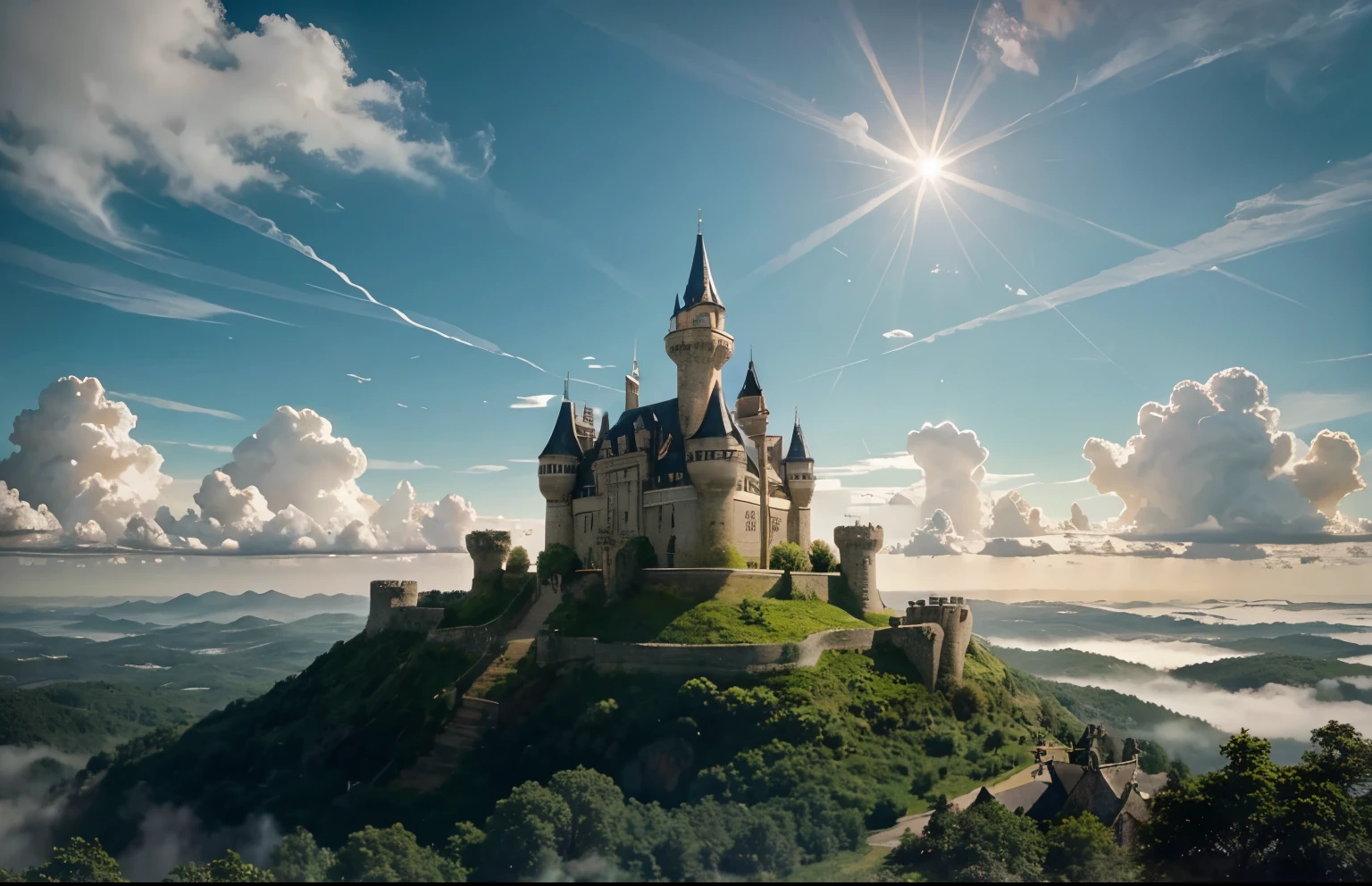 A floating castle among the clouds rises majestically in the sky. Its pointed towers fade into the mist, and the walls are covered with vines and moss. Soft, fluffy clouds surround the castle, as if lovingly embracing it. Sunlight streams through gaps in the clouds, creating golden sparkles on the battlements and windows. In the distance, other cloud formations seem to dance around the castle, like ethereal guardians