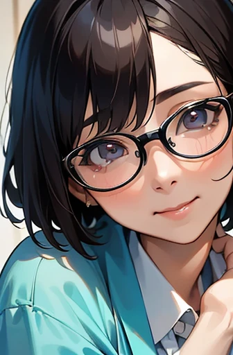 (best quality,8k,high resolution,masterpiece),  (ultra-detailed,realistic), 

((portrait)), 

(A Japanese woman, 30 years old and 155cm tall.), 

(she has short hair style), 
(she wears glasses), 
(she is wearing a light blue shirt), (Neat and elegant collared light blue shirt), 　 
(she is wearing a navy blue miniskirt), 

(Generate detailed images, especially of the eyes), (She looks at me with kind and caring eyes.),  

(She has a pure and peaceful atmosphere. Her gentle smile is very impressive.), 
