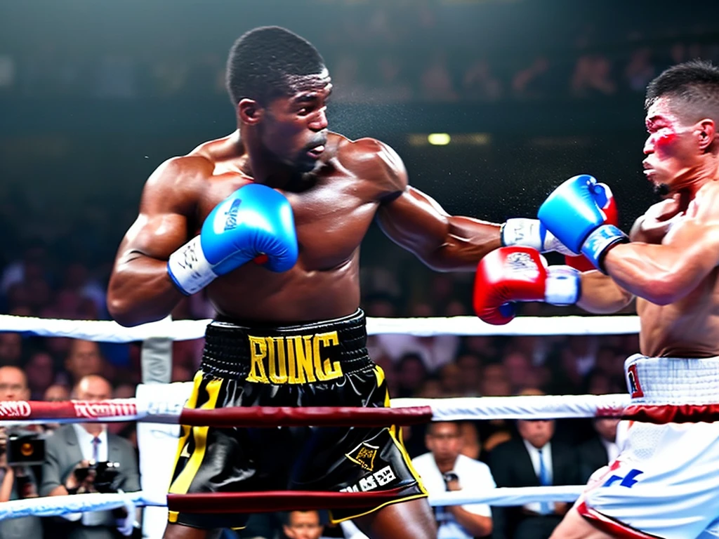 (highest quality、4K、High resolution、masterpiece:1.2) 、Super detailed、Real、boxing match、、Powerful punch、Sweat、Adrenaline、Knockout moment、