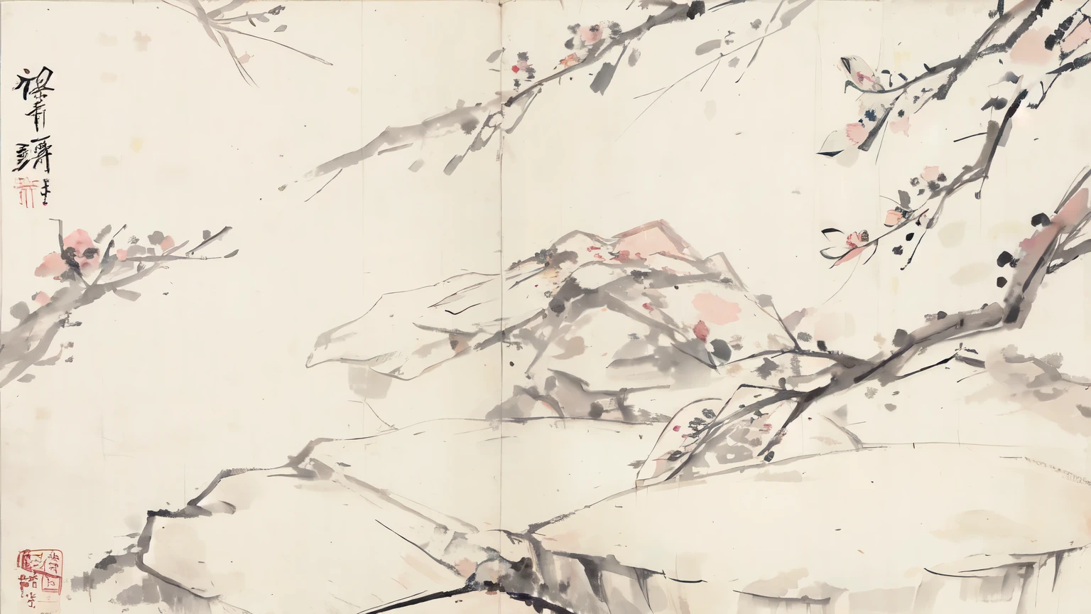 (masterpiece, best quality: 1.2), Traditional Chinese ink painting,，grassland，Peach Blossom Tree，Pear blossom tree，Close-up of rocks，Flowers，（No humans）