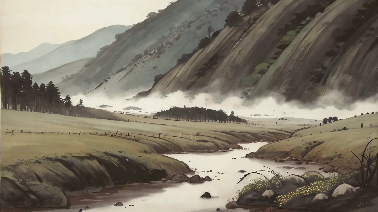 (masterpiece, best quality: 1.2), Traditional Chinese ink painting,,grassland,rock