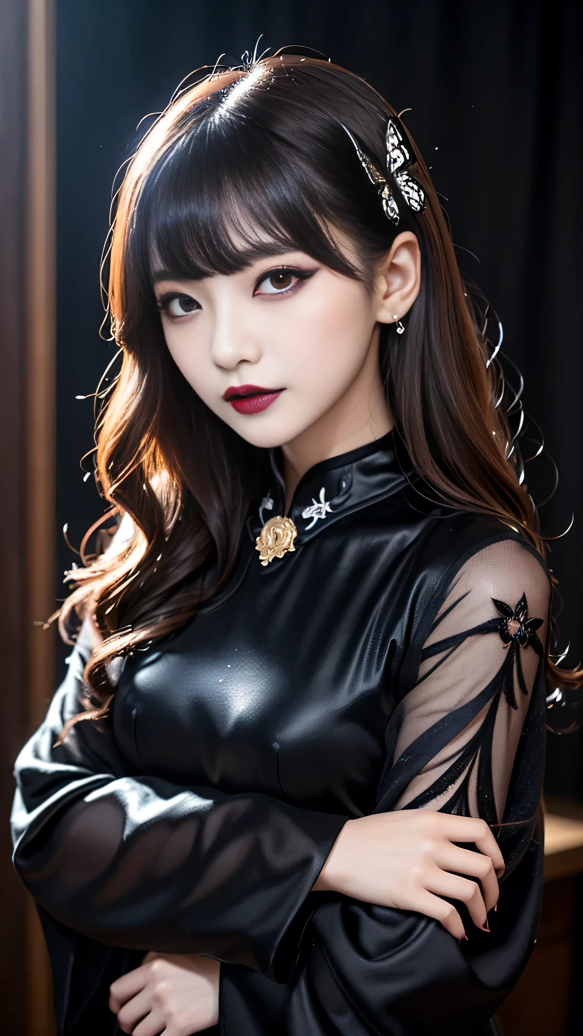 tra-detailed、Japanese、Attractive beauty、seductive adult woman、Pretty Woman、cool girl、brown hair、wavy hair、swept bangs、piercing eyes、hollow eyes、half-closed eyes、Hollow Eyes、Purple Eyeshadow、black lipstick、black lip gloss、dark makeup、smirk、Whisper in my ear、Evil expression、Long Black Cheongsam、Wide sleeves、Evil cadres、Fallen into evil、brainwash、mind control、evil、Church at night、Swear allegiance、