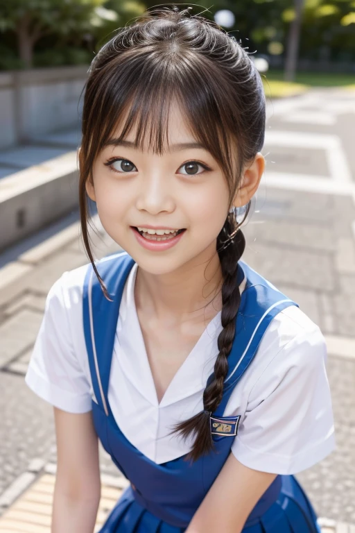 Japanese,10 years old,Summer Sailor Uniform,Look Up,Looking up,Cross-eyed,Cross-eyed,Open your mouth wide,Sticking out tongue,Showing tongue,cute,Face close-up,Twin bun hairstyle