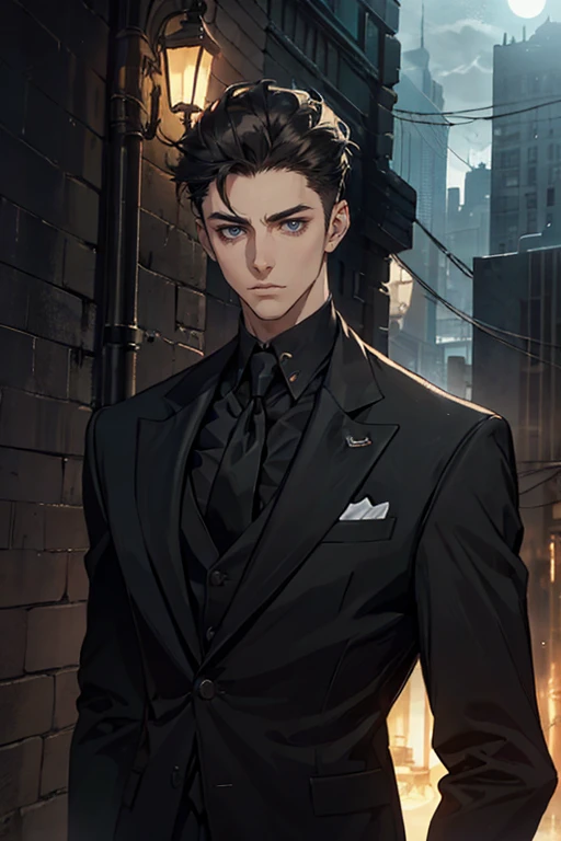 ((One young man with a black suit and tie)), gotham, alejandro, (((side swept dark short hair))), (dark green eyes and thick eyebrows), smirk, ((20 years old)), ((masterpiece)), posture dynamic, ((cinematic lighting)), (height tall around 5'6)