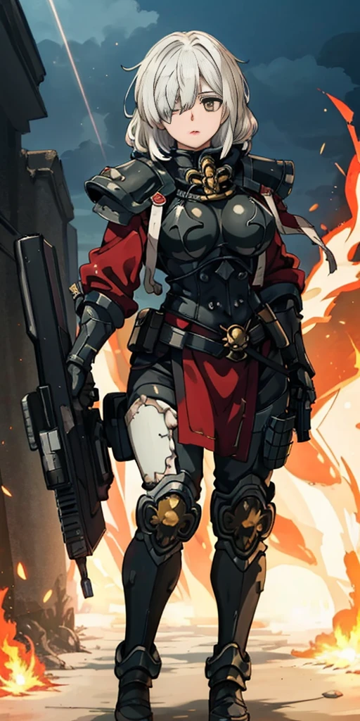 (masterpiece:1.2), (best quality:1.2), perfect eyes, perfect face, perfect lighting, 1girl, mature whsororitas with a laser rifle in her hands, scar over one eye, eyepatch, red tabard, white hair, warhammer 40k, chaos, fire, scifi, detailed ruined city background, power armor