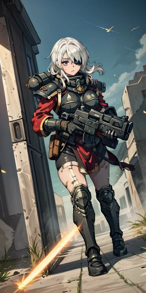 (masterpiece:1.2), (best quality:1.2), perfect eyes, perfect face, perfect lighting, 1girl, mature whsororitas with a laser rifle in her hands, scar over one eye, eyepatch, red tabard, white hair, warhammer 40k, chaos, fire, scifi, detailed ruined city background, power armor