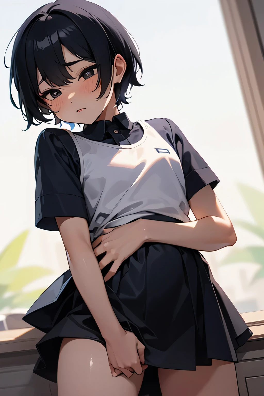 (a beautiful , detailed boy with black boy hair and black eyes, con un vestido, avergonzado) (de espalda) (Escena cute), (mejor calidad:1.2), (vivid colors), (Soft lighting) (se ve como un chico) (lleva calzones lindos) (cute)