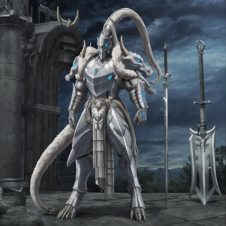 (masterpiece, best quality, detailed:1.2)
detailed full body, solo, at night, platinum_dragon_lord_armor, knight male dragon, horns, helmet, glowing blue eyes, tail, digitigrade feet, 
glowing blue eyes, tail, melee weapon, weapon, armor, plate armor, sword, floating weapon, knight, clothing, helmet, detailed background, midair, white fur, claws, full body, dragon pauldron, front view,