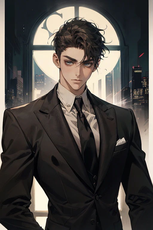 ((One young man with a black suit and tie)), gotham, alejandro, (((side swept dark short hair))), (dark green eyes and thick eyebrows), smirk, ((20 years old)), ((masterpiece)), posture dynamic, ((cinematic lighting)), (height tall around 5'6)