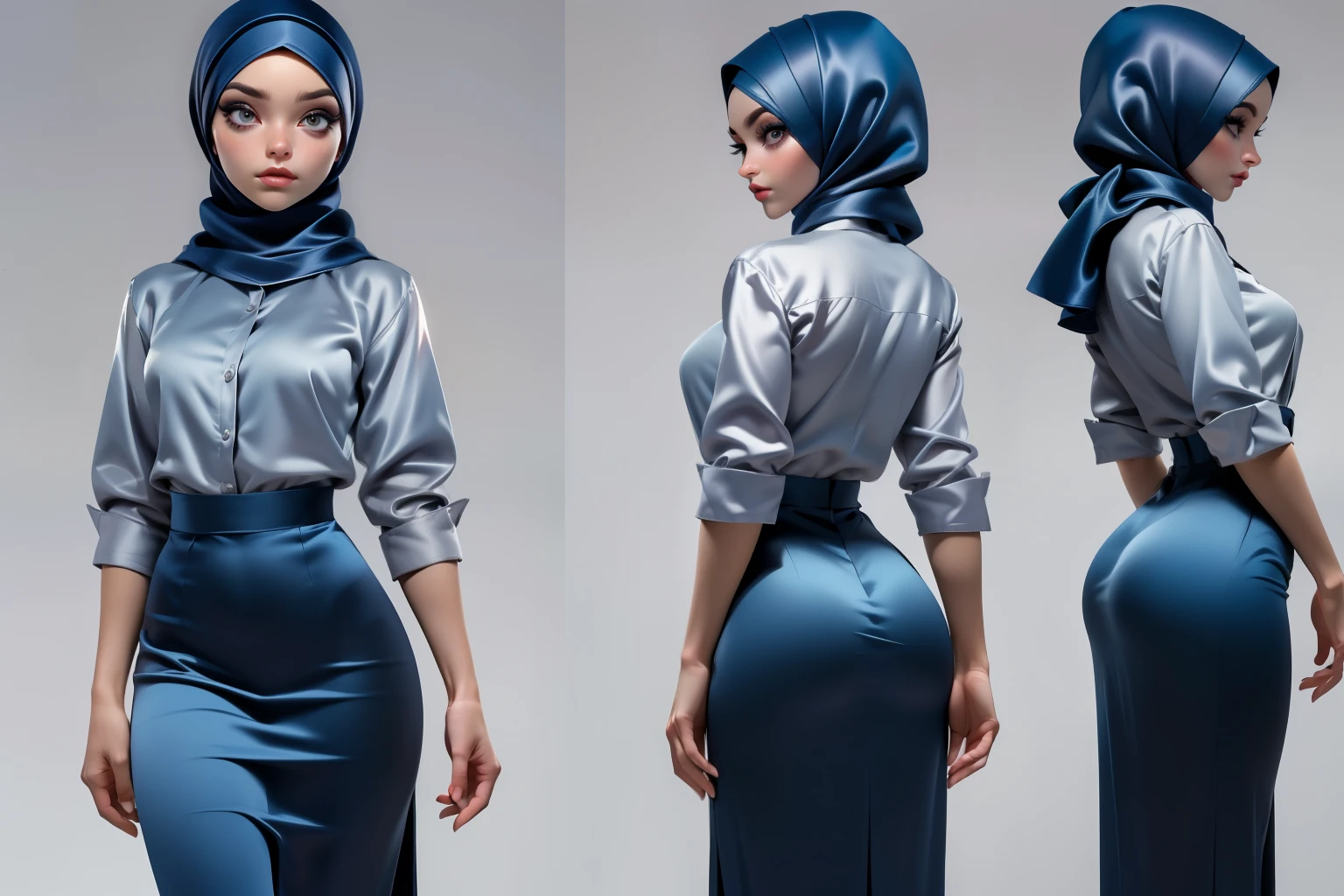 Character Design - a character design sheet of ((Masterpiece, best quality, photography, detailed skin, realistic, photo-realistic, 8k, highly detailed, full length frame, High detail RAW color art, diffused soft lighting, shallow depth of field, sharp focus, hyperrealism, cinematic lighting, hijab, a woman in a beautifully makeup, smokey eyeshadow, beautiful big eyes, long eye lashes, wearing (Dark blue satin hijab), loosely tide hijab style, ((gray satin shirt)), satin long maxi skirt, CDMM style, ((front, side and back views))