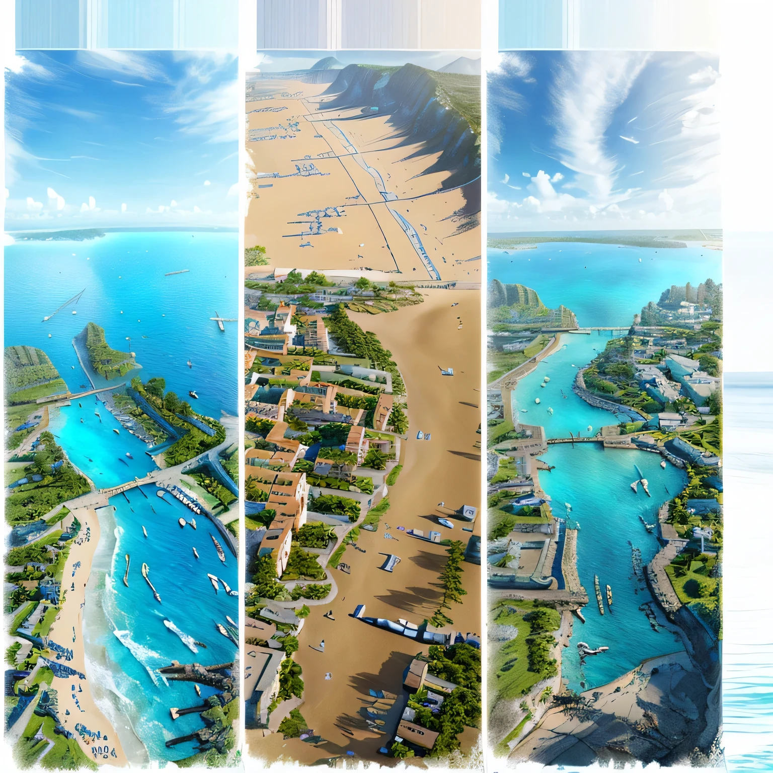 Three different beach photos，Lots of water and sky on the beach, Landscape Art Detail, Landscape Artwork, very Detailed background, Island Background, Amazing wallpapers, background technologywork, Beautiful background, environmental concept art, Concept art is very detailed, High quality desktop wallpaper, Steam Workshop Map, background technology, Environmental key art, Detailed background, Amazing background, High quality wallpapers