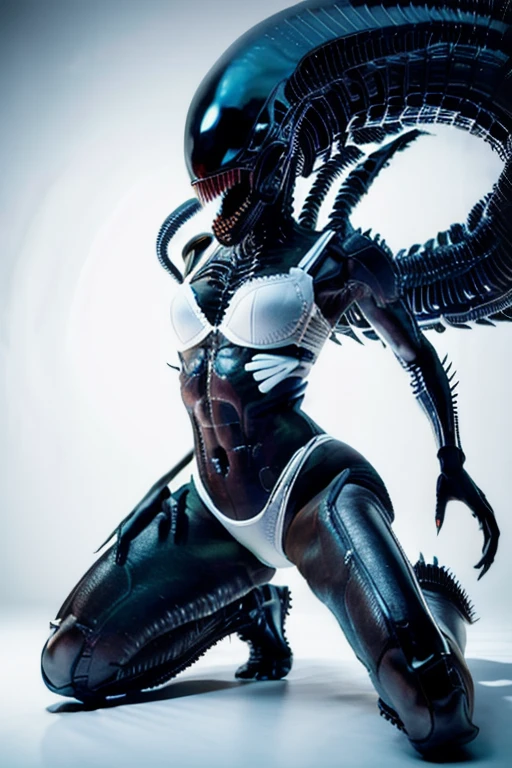 female xenomorph , white underpants and bra, tail, spread legs, spreading, frontal view, black skin, white panties, white bra, shiny, reflective