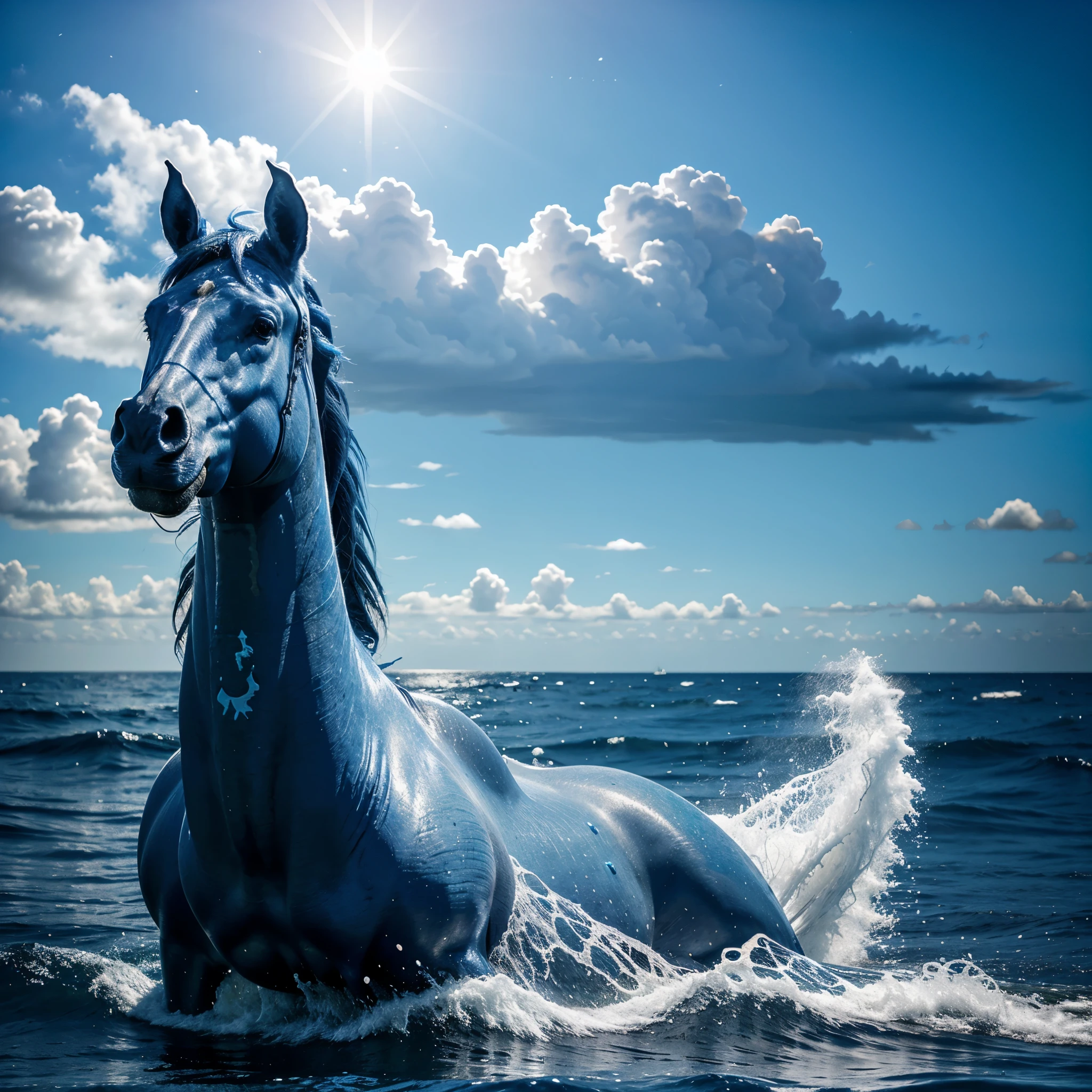 Surrealismo. Cavalo no mar. Mar turbulento, surrealismo, azul, luzes azuis. Noite. water horse
