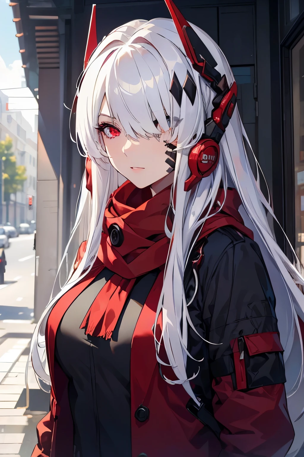 (best quality:1.3), (masterpiece:1.3), (illustration:1.3), (ultra-detailed:1.3), (mid shot:0.9), 1girl, white hair, one eye covered, ((hair over one eye)), solo, ((large breasts)), tall, mature, long hair, serious expression, red overcoat, black pants, upper body, white shirt, headgear, hair ornament, facial mark, heterochromia, ((red eyes, grey eyes)), red scarf, red jacket, open jacket, red pouch,