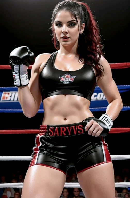 Saraya Bevis Paige, 25 years old, sexual, wearing boxing shorts and boxing gloves, tight wet tank top, photo realism, sexy pose, bending over