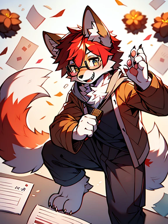 wear glasses,Red hair all over, Male wolf,short hair, Bright Eyes,The eyes are gray，The tip of the tail is white，Meatballs Pink,hairy,hairy male ,Flower charcoal,(Body hair, hairy尾巴, Red fur,),Long canine teeth，浑身hairy的，Scattered paper，Scattered paper floated in the air，charming，Shota，writing，eternal，writer&#39;clothing，Starlight，Star，moonlight，Glittering，Hold a Pen，Show paws，Facial expression expectations，Do not expose your body or area below the knees,Each hand has 5 fingers.
