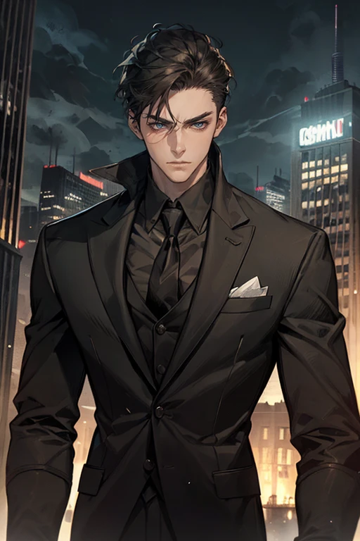 ((One young man with a black suit and tie)), gotham, alejandro, (((side swept dark short hair))), (dark green eyes and thick eyebrows), smirk, ((20 years old)), ((masterpiece)), posture dynamic, ((cinematic lighting)), (height tall around 5'6)