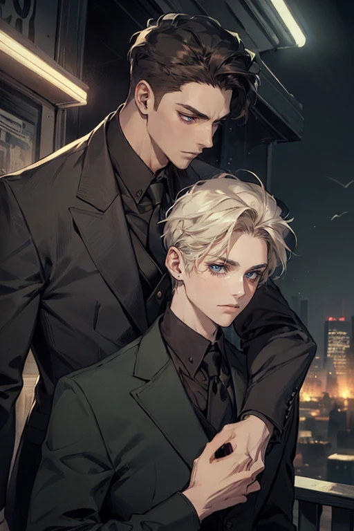 ((One young man with a black suit and tie)), gotham, alejandro, (((side swept dark short hair))), (dark green eyes and thick eyebrows), smirk, ((20 years old)), ((masterpiece)), posture dynamic, ((cinematic lighting)), (height tall around 5'6)