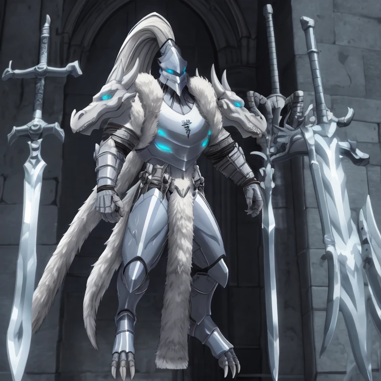 (masterpiece, best quality, detailed:1.2)
detailed full body, solo, at night, platinum_dragon_lord_armor, knight male dragon, horns, helmet, glowing blue eyes, tail, digitigrade feet, 
glowing blue eyes, tail, melee weapon, weapon, armor, plate armor, sword, floating weapon, knight, clothing, helmet, detailed background, midair, white fur, claws, full body, dragon pauldron, front view,