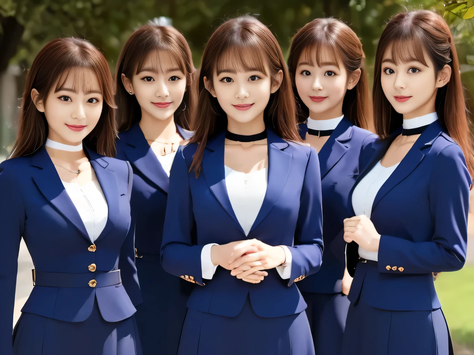 (Group photo, Multiple Girls, Cute Japanese woman with a perfect body, Five Girls), (office ladies),  (masterpiece, high quality:1.2), Big Breasts, Office Suits, (smile), (office), Highly detailed face, Navy Suit, ((Black Choker, Big Breasts, blue eyes, Very long eyelashes)), Same office uniform, smile、bangs, Grace, Transparent air, (8k RAW photo:1.1), Natural light, 6Women, Japanese actress, (Slim face)，Same uniform，double eyelid，Big eyes，Loyal Servants