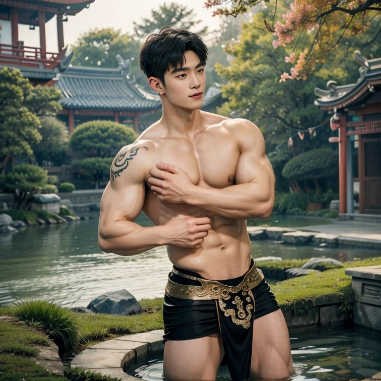 2 Handsome chinese guy kissing, smilling at each other, bare chest , muscular, show the abs, 20 years old,hug, cuddle, touching lips, skin ship, romantic, Asian, chinese hansome actor, kpop idol, handsome male model,manly, master work, best picture quality, higher quality, high detail, super high resolution, 8k resolution, perfect clear light,perfect eyes, perfect skin, manly jawline, manly chin, perfect hands, big chest muscles, bare chest, big juicy butts, tattoos chest, tattoo hands, tattoo legs, tattoo back, tattoo arms,earings, ancient pendents, braceles, glowing eyes, short hair, hair details, detailed background , open Hanfu transparent (see throught) ,super thin loincloth, big bulge, detailed perfect abs, Chinese garden background, detailed background, Chinese kung fu,skinny anciennt chinese costumes, spinning floating particles, chinese temple in background,