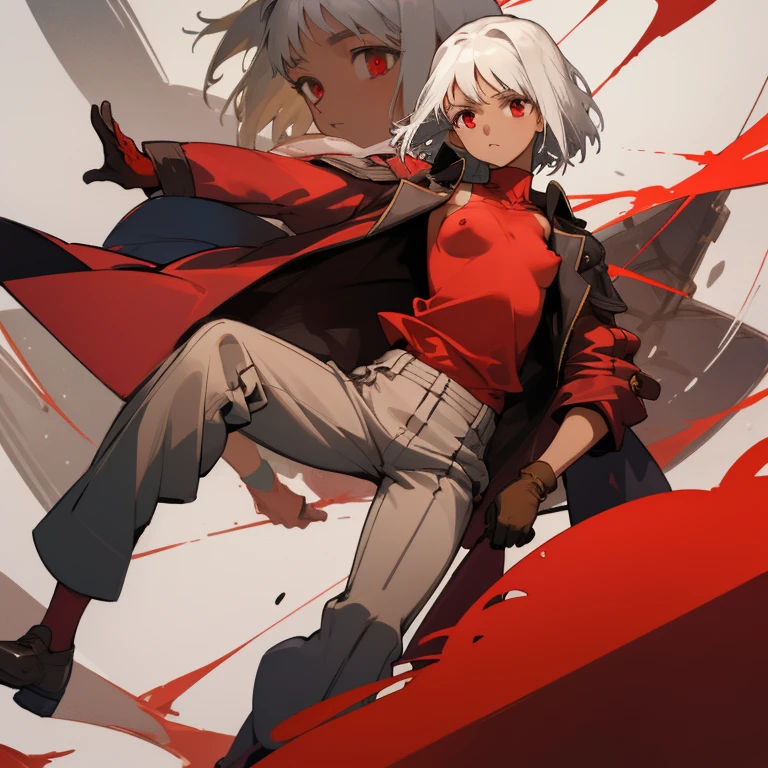 ((highest quality)), ((masterpiece)), (be familiar with), CANAAN, 1 girl, alone, silver hair,brown skin,red eyes,long pants,red sleeveless,Clothes with a visible back, Slender,slender,short hair,small breasts, erect nipples, No bra, gloves, put your hand on your waist