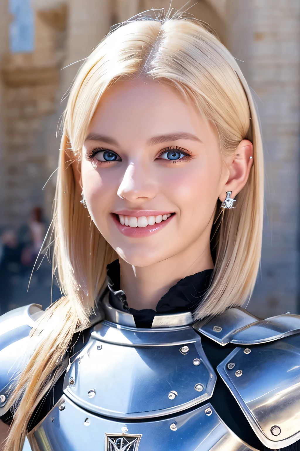 8K、highest quality、female knight、Luxurious Silver Armor、、hairstyle short cut、smile、beautiful teeth、full body photo、ear piercing、blonde、white woman、blue eyes、heavy makeup、The background is inside the castle