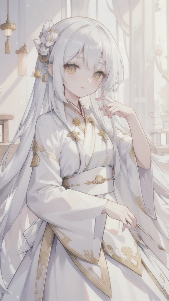 (best quality, high resolution, Super detailed:1.2), Beautiful long white hair, Stunning golden eyes, Silver Hanfu Armor, Beautifully designed white folding fan, Bailongjiao, Ethereal Lights, pastel color palette