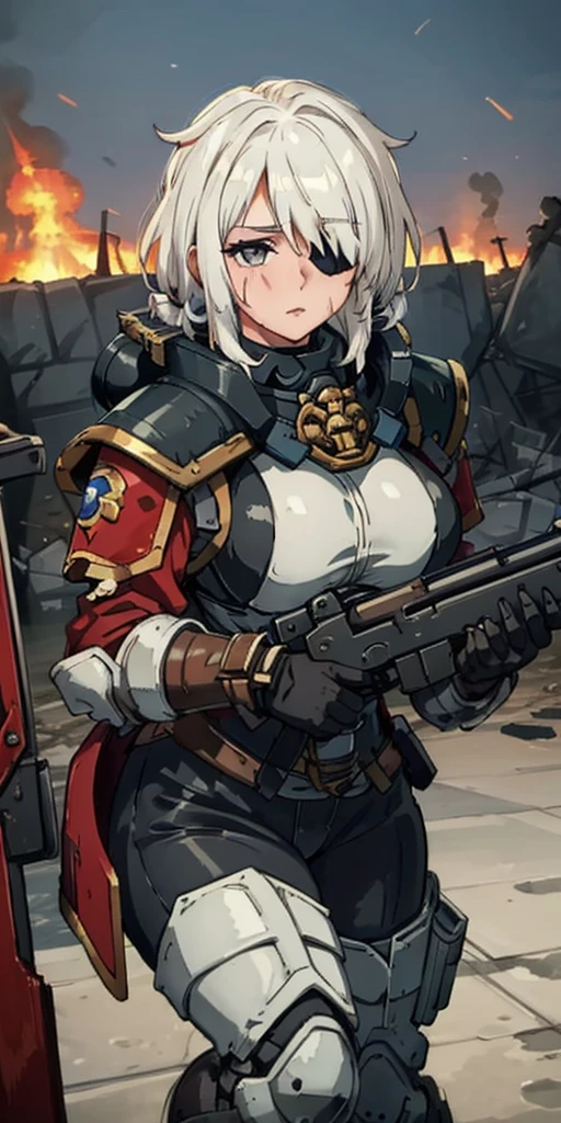 (Roxanne) (masterpiece:1.2), (best quality:1.2), perfect eyes, perfect face, perfect lighting, 1girl, mature whsororitas with a laser rifle in her hands, scar over one eye, eyepatch, red tabard, white hair, warhammer 40k, chaos, fire, scifi, detailed ruined city background, power armor