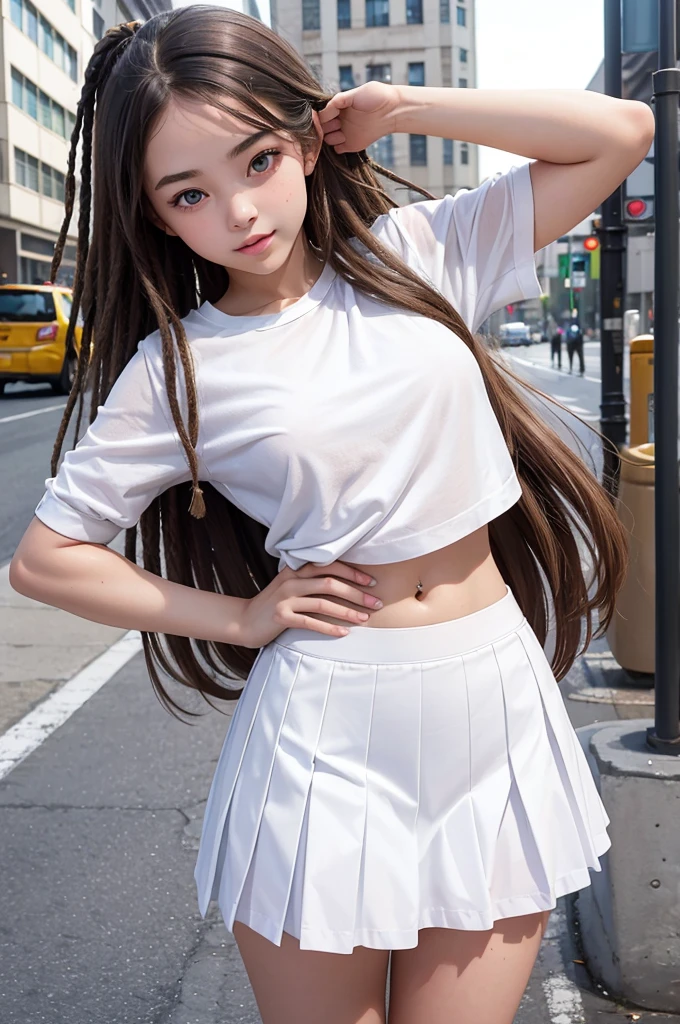 Photorealistic,masterpiece, best quality,ultra-detailed ,american girl,,white people,((she lift her skirt and shows her panties)),She takes great pleasure in showing off her panties to viewer,sensational fashion,dreadlocks hair,small breast,very happy,outdoor,united states,newyork,brooklyn,