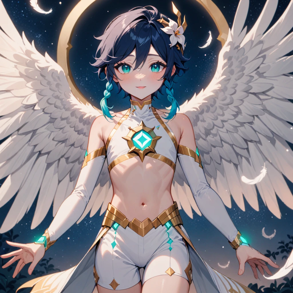 masterpiece,best quality,very aesthetic,absurdres,1boy,venti_/(archon/)_/(genshin_impact/),male_focus,detailed_eyes,(gnns:0.25),white feathered_wings,white halter_top,white shorts,hair_flower,midriff,black blue hair gradient,dsmile,((flat chest)),starry_sky,moon,starry_sky_print,((green eyes)),feathers,divine,detailed_eyes,long_eyelashes,pink_lips,glossy lips,narrow_waist,wide_hips,seductive,flirtatious