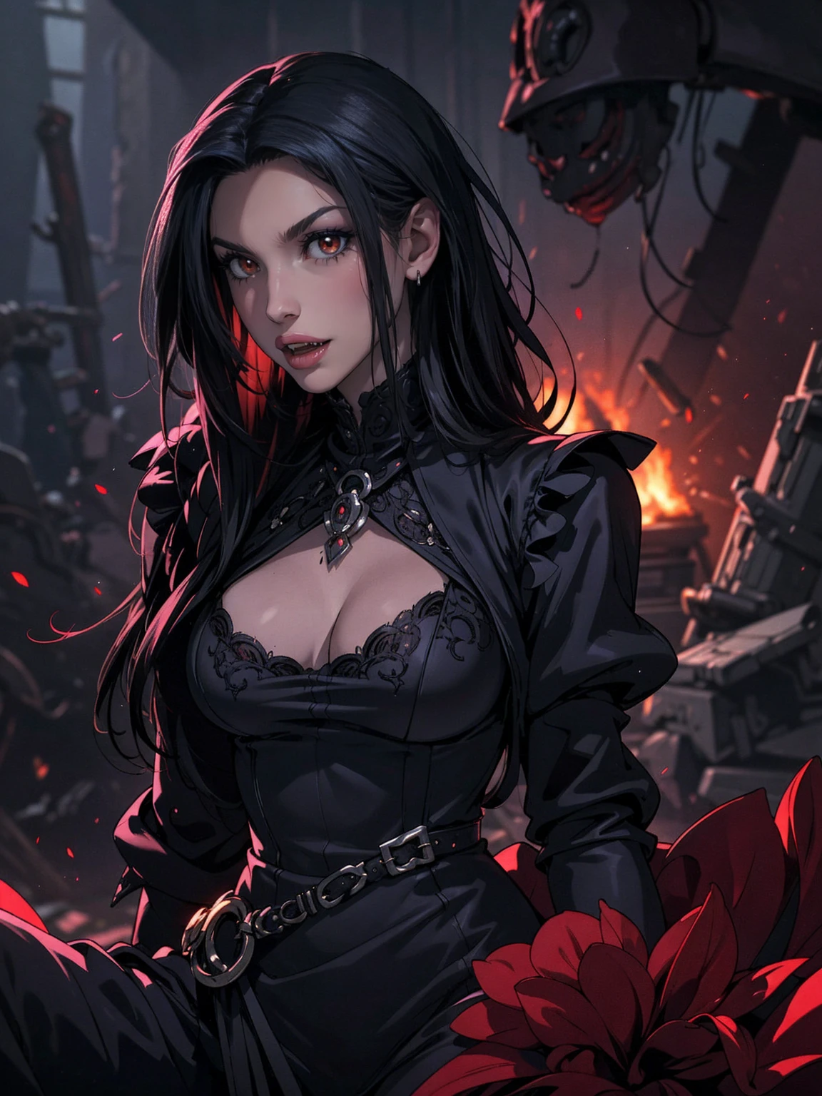 High vampire female, goth Renaissance, black hair, long hair, intricate, dark dress, glowing eyes, fantastical, vampire, fangs, hyper detailed, 32k resolution, volumetric lighting, hyper detailed, intricately detailed, Unreal Engine 5, volumetric lighting