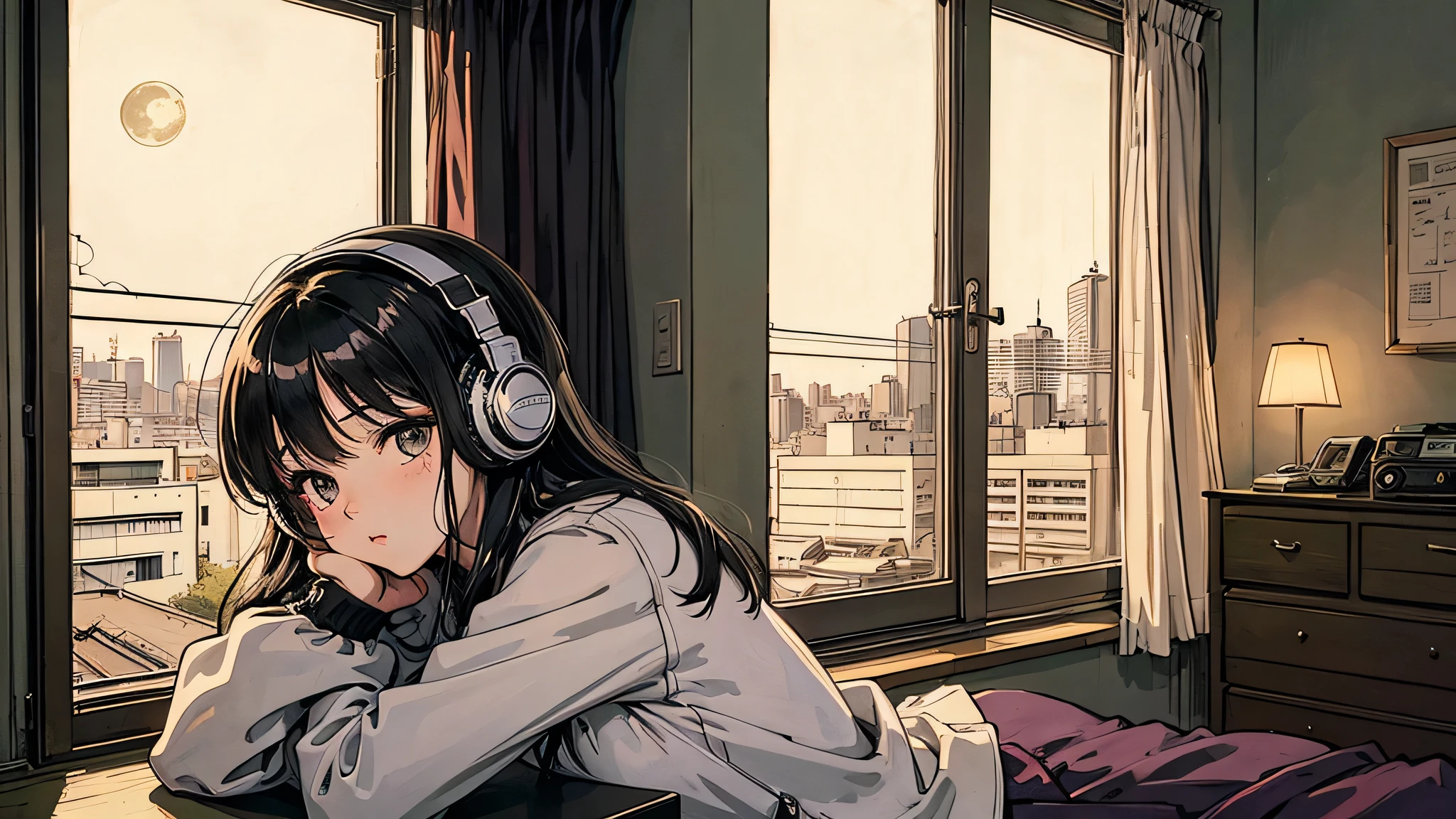 1 girl, 90s anime style, night, Studio Room, moon, Girl wearing headphones, late night room, Listening to music alone, City Pop, low quality, Lo-Fi, Chill, late night, Single room, Dark Room, futuristic night view outside the window, Dark Room