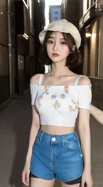 ((highest quality, 8k, masterpiece: 1.3)), (Flower Cap: 1.3), concentrated: 1.2, Perfect body beauty: 1.4, Hips: 1.2, (Layered Haircut: 1.2)), (Dark Street: 1.3), Highly detailed face and skin texture, whole body, Delicate eyes, double eyelid, White skin, Long Hair, (Round face: 1.5), (loose crop top, Shorts: 1.6)