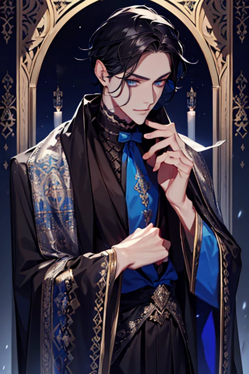 a close up of a person wearing a cape and a cape, wearing fantasy formal clothing, full body, beautiful androgynous prince, ((wearing aristocrat robe)), delicate androgynous prince, regal dark blue clothes, silver brocaded dark blue clothes, costume with blue accents, dark ornate royal robes, imperial royal elegant clothing, elegant cape, royal cape, fur coat, black hair, blue eyes, absurderes，A high resolution，ultra - detailed），1 person，Adult，handsome，tall and muscular boy，a broad shouldered，detailed 25 year old male face, Fine and detailed eyes and detailed face，Short black hair，Onyx-colored eyes，fanciful，shadow effect, flame，Divine brilliance，