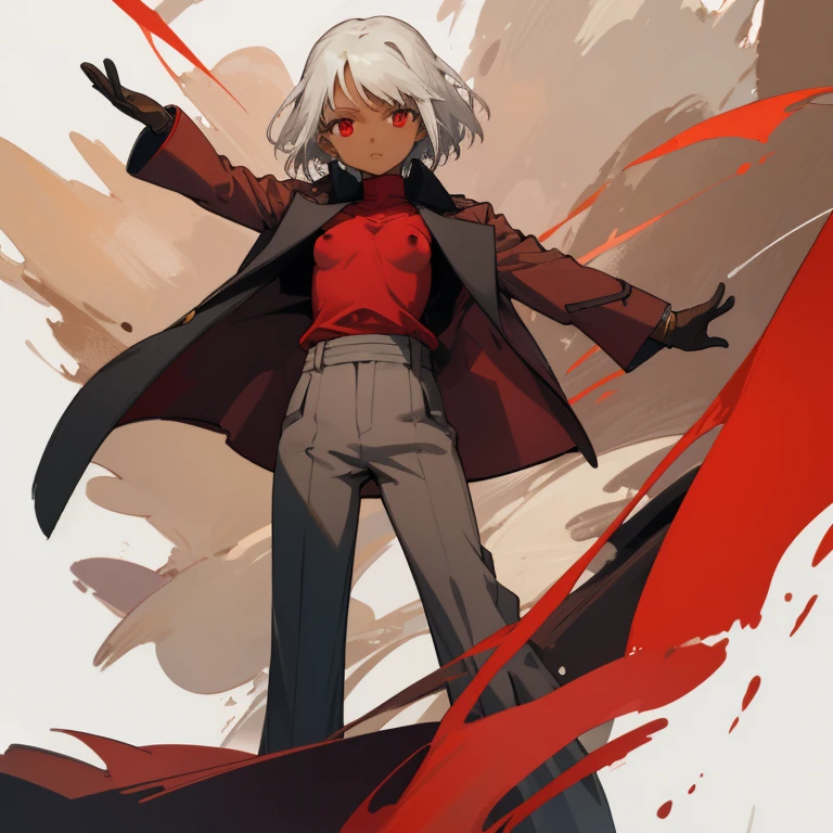 ((highest quality)), ((masterpiece)), (Familiar), Canaan, 1 girl, alone, Silver Hair,Brown Skin,Red eyes,Long trousers,Red Shirt, thin,short hair,Small breasts, Erect nipples,  gloves, Long coat