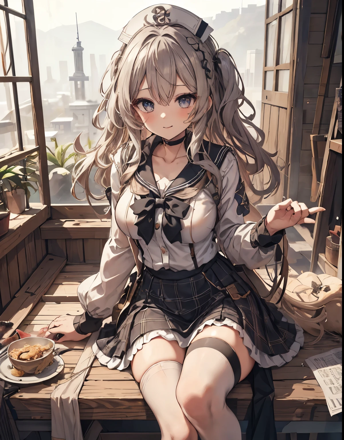 masterpiece, 1girl, sparrow, a silver haired girl, wearing a sailor clothes, curly long hair, messy hair, slim body, he close her left eye, shirt ornament, ruby eyes, ahoge, baby face, bige breast, beautiful breasts, rounded breasts, long sleeves, beautiful eyes, white stocking, droopy eyes, skirt, black skirt, plaid skirt, her age is 19 years old, ricefield, bowtie, sailor collar, flared skirt, tight shirt, skirt, nagisa_bluearchive, lovely face, medium hair, seductive smile, curly hair, nurse cap, sit 