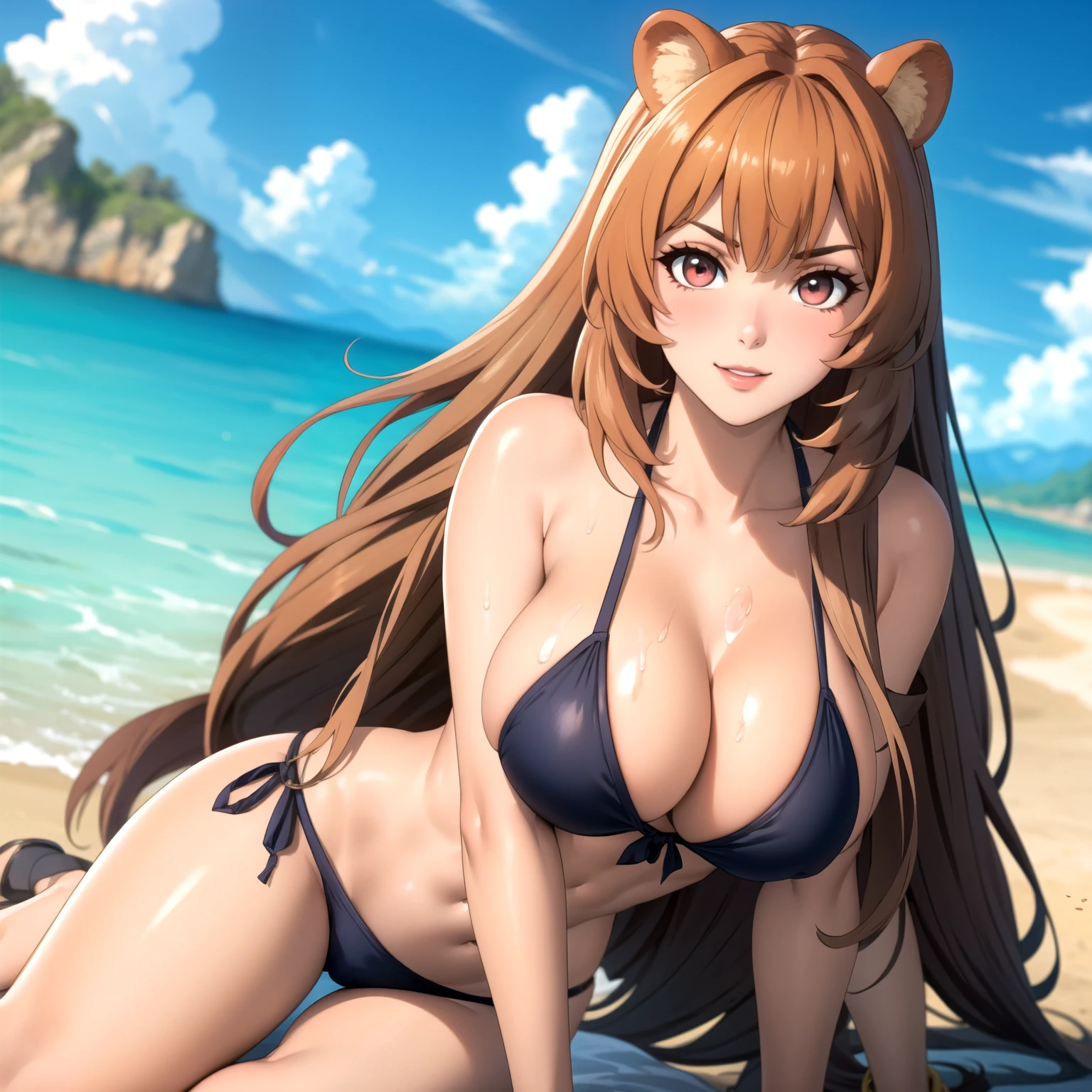 Raphtalia woman 24 years old bright blonde hair, orejas de oso, ojos rojos, piel morena, pale skin, pechos grandes , bikini rosado, accesorios, sonrisa feliz, fondo una playa, cuerpo completo. manos perfectas. gotas de agua en su pecho, pose provocativa. BRASOS CRUZADOS bajo sus pechos. brazos cruzados, brazos cruzados, esta cruzada de brazos.