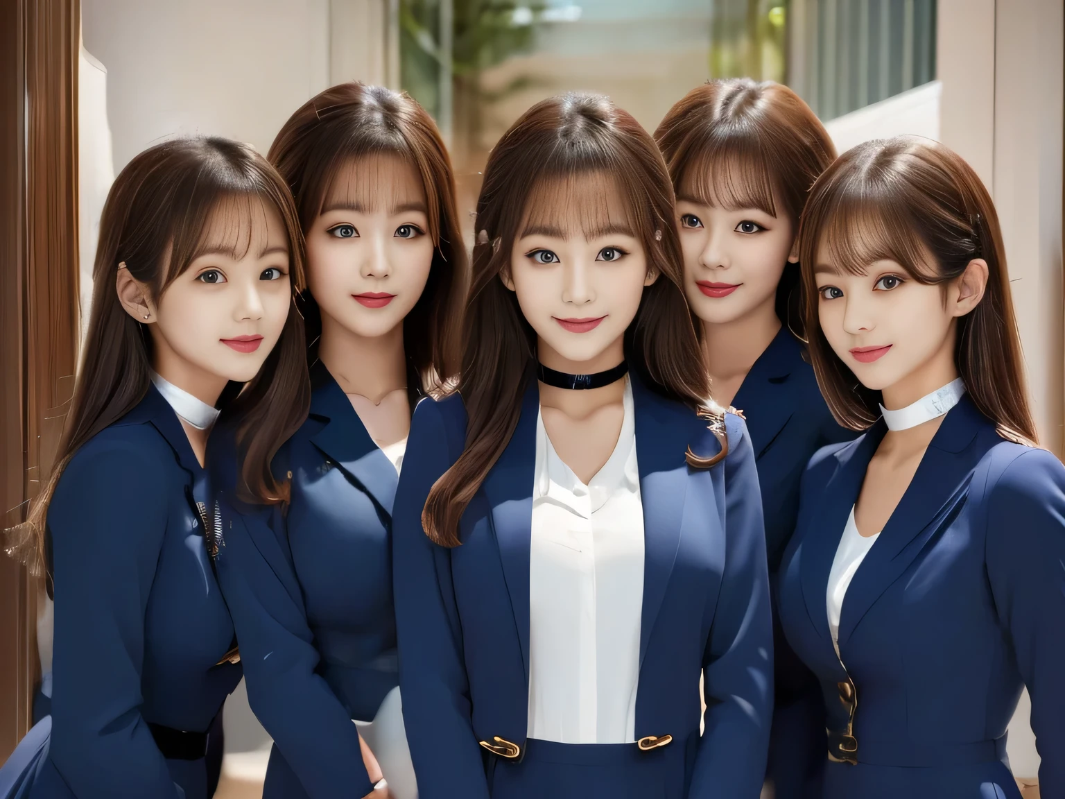 (Group photo, Multiple Girls, Cute Japanese woman with a perfect body, Five Girls), (office ladies),  (masterpiece, high quality:1.2), Big Breasts, Office Suits, (smile), (office), Highly detailed face, Navy Suit, ((Black Choker, Big Breasts, blue eyes, Very long eyelashes)), Same office uniform, smile、bangs, Grace, Transparent air, (8K:1.1), Natural light, 6Women, Japanese actress, (Slim face)，Same uniform，double eyelid，Big eyes，Loyal Servants