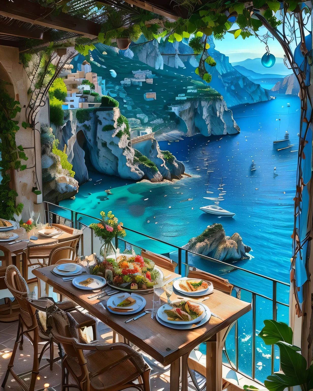 there is a table with plates of food on it on the patio, beautiful place, mediterranean vista, beautiful italian beach scene, mediterranean island scenery, happy italian beach scene, paradise in the background, capri coast, incredibly beautiful, italy, stunning view, stunning vista, beautful view, overlooking the ocean, beautiful scenic view, mediterranean, ❤🔥🍄🌪