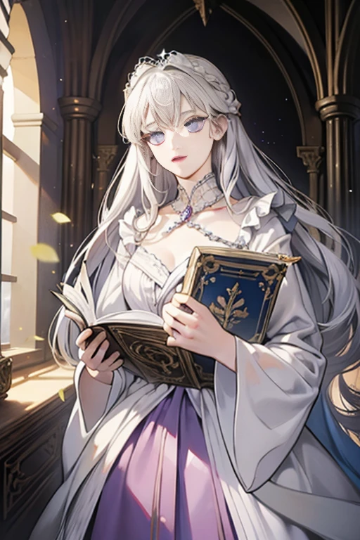 Beautiful woman reading in a medieval castle，long silvery-white hair，Light purple eyes，robe noire，bijoux，temperament，Full HD，Beaucoup de détails，Cinematic texture，Light，Meticulously drawn，atmosphère