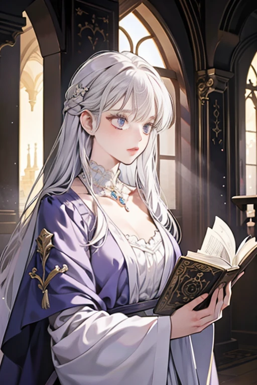 Beautiful woman reading in a medieval castle，long silvery-white hair，Light purple eyes，robe noire，bijoux，temperament，Full HD，Beaucoup de détails，Cinematic texture，Light，Meticulously drawn，atmosphère
