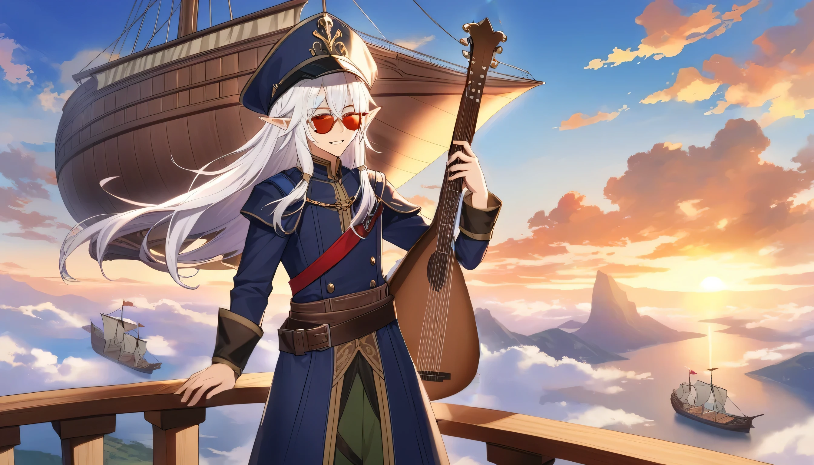 A boy with half-elf features, dressed as a troubadour play a lute, in the highest quality, standing alone on a airship. He has long, flowing white hair and wears a navy cap. His wear a red sunglasses against a backdrop of a picturesque sky. The image quality is exceptional, with every intricate detail captured flawlessly. This prompt aims to create a masterpiece.