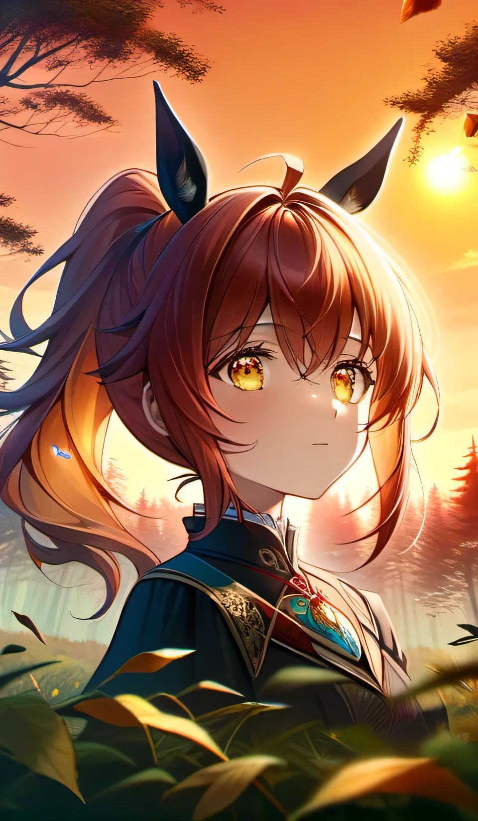 one young girl looking up to the sky in the abondoned forest at evening, sprite, folkrore, sunset, chocolate pony hair, amber eyes, glowing eye, lonely reddish face, fallen leaves through bleeze, illusory scene, calm, impressive, ais-abandz, fantasy, portrait, ((masterpiece, best quality, ultra-detailed, an extremely delicate and beautiful)), ((potorealism, hyperrealism)), ((extremely detailed CG unity 8k wallpaper)), ((award winning, ccurate, UHD, textured skin, chromatic aberration, perfect anatomy, golden ratio)), (exquisite attention to detail), ((perfect_composition, perfect_design, perfect_layout, perfect_detail, ultra_detailed)), ((aesthetic harmony)), ((aesthetic style))