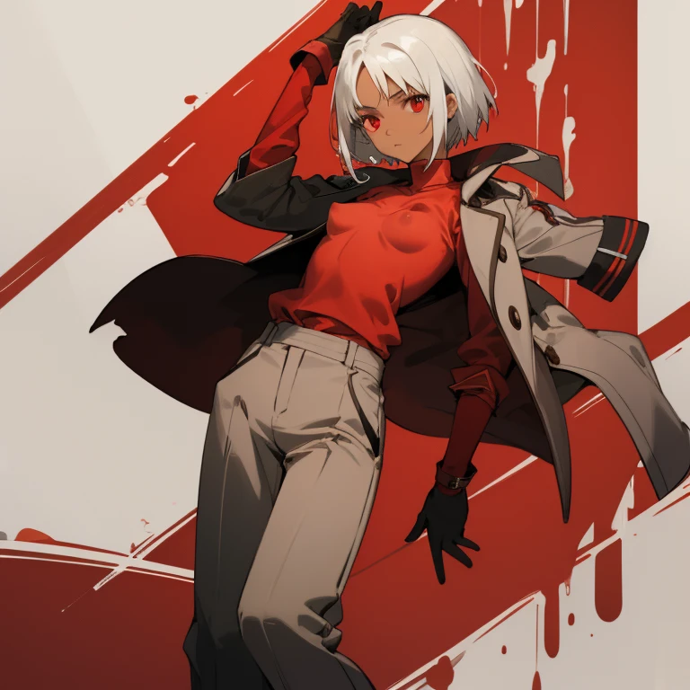 ((highest quality)), ((masterpiece)), (Familiar), Canaan, 1 girl, alone, Silver Hair,Brown Skin,Red eyes,Long trousers,Red Shirt, thin,short hair,Small breasts, Erect nipples, gloves, Long coat