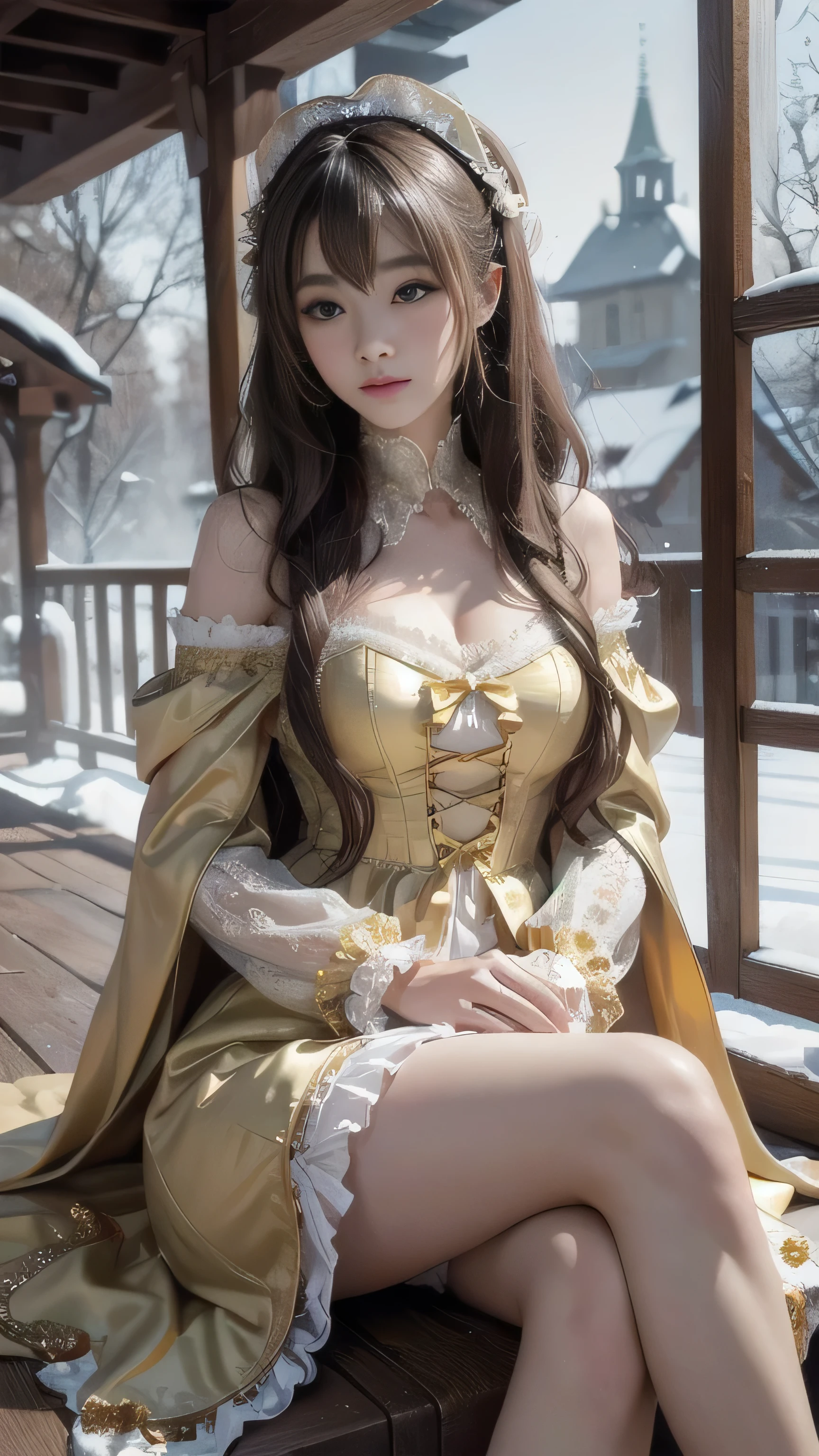 8k, Best quality, masterpiece, Shoot real, Hide your face with happiness, Golden Lolita costume, Gold lace, Iris Gainsborough, sitting, whole body, underwear, Expose bare shoulders, external, external, Covered with snow, cloak, high quality, Adobe Lightroom, High Detail Skin, Looking at the audience,