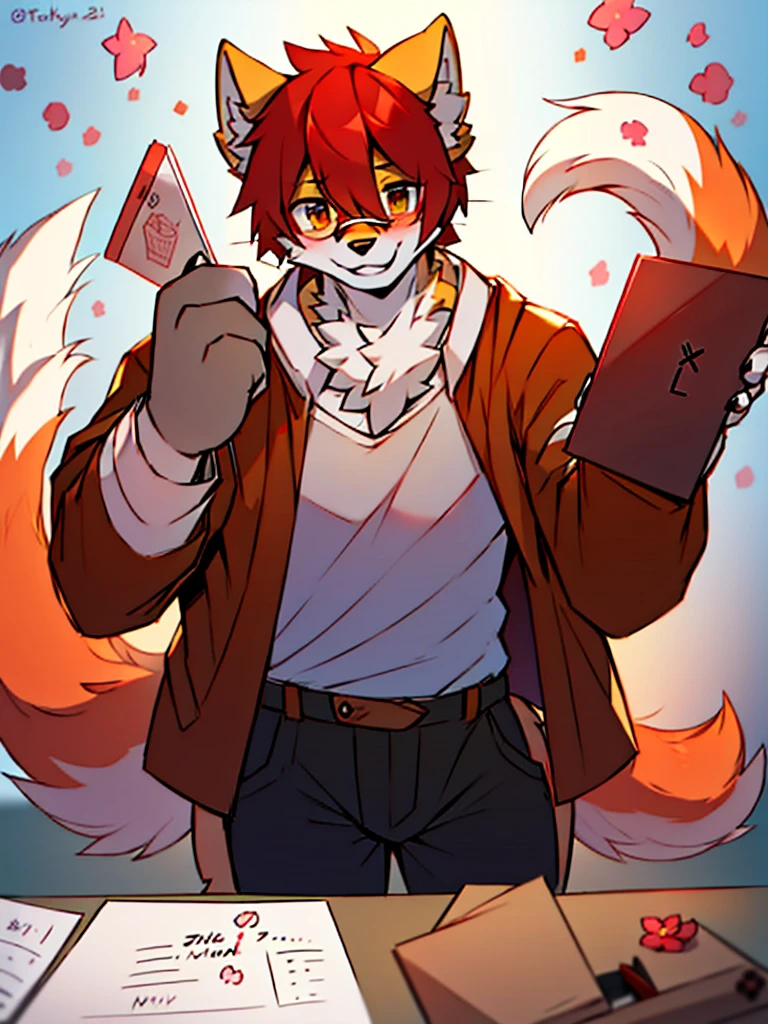 wear glasses,Red hair all over, Male wolf,short hair, Bright Eyes,The eyes are gray，The tip of the tail is white，Meatballs Pink,hairy,hairy male ,Flower charcoal,(Body hair, hairy尾巴, Red fur,),Long canine teeth，浑身hairy的，Scattered paper，Scattered paper floated in the air，charming，Shota，writing，eternity，writer&#39;clothing，Starlight，Star，moonlight，sparkling，Hold the pen，Show paws，Facial expression expectations，Do not expose your body or area below the knees,Each hand has 5 fingers.
