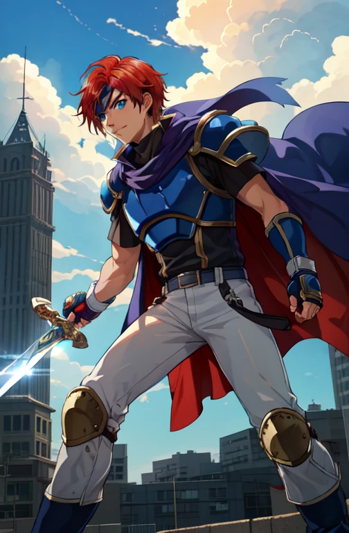 Ferroy, head band, Cape,blue eyes,armor, blue tunic, belt, Fingerless gloves, White pants, boots, Serious expression, Watching the audience, Holding a sword, Sparring, train, alone, concentrated, (Merivale Arena Background, tower, city, cloud:1.2), Dramatic lighting, Backlight, Hard Light, One-handed sword,Handsome,smile